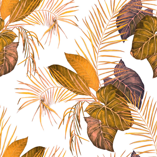 Abstract decorative seamless pattern with watercolor tropical leaves. Colorful hand drawn illustration. Vintage exotic background. - Fotó, kép