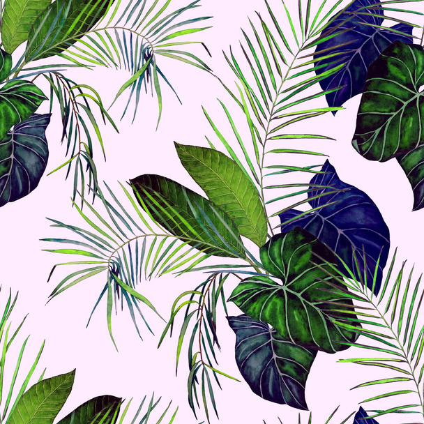Abstract decorative seamless pattern with watercolor tropical leaves. Colorful hand drawn illustration. Vintage exotic background. - Fotoğraf, Görsel