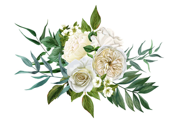 Букет белых цветов, розы и листья, нарисованные вручную
 - Вектор,изображение