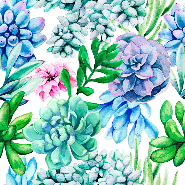 Bright watercolor succulent plants, seamless textile pattern - Φωτογραφία, εικόνα