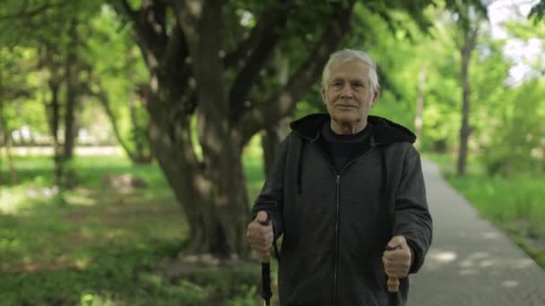 Aktív idős férfi képzés skandináv séta sípályákkal a parkban - Felvétel, videó