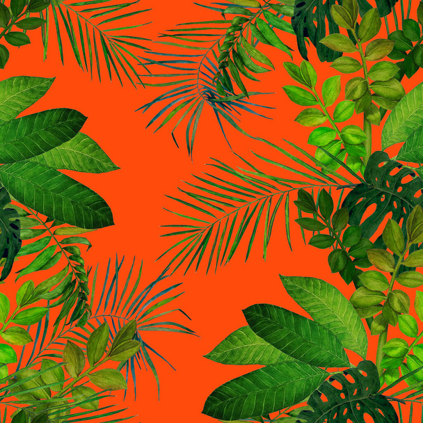 Abstract decorative seamless pattern with watercolor tropical leaves. Colorful hand drawn illustration. Tropical summer print. - Fotoğraf, Görsel