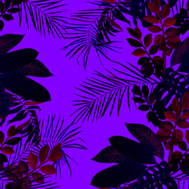 Abstract decorative seamless pattern with watercolor tropical leaves. Colorful hand drawn illustration. Tropical summer print. - 写真・画像