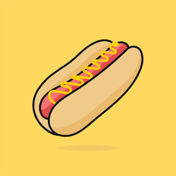 Hot dog con mostaza colorido vector de dibujos animados. Comida rápida perro caliente vector clipart icono
. - Vector, imagen