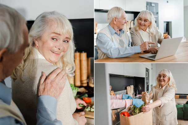 collage with happy elderly couple shopping online, taking food delivery and cooking during self isolation - Фото, зображення