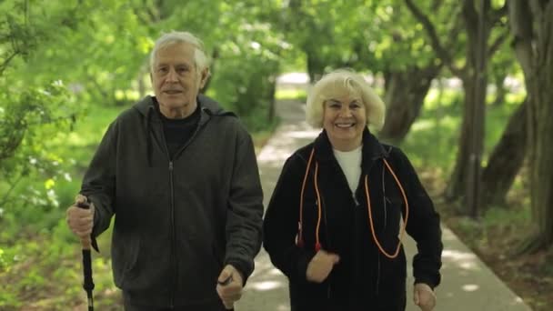 Aktives Senioren-Ehepaar. Mann trainiert Nordic Walking, Frau läuft im Park - Filmmaterial, Video