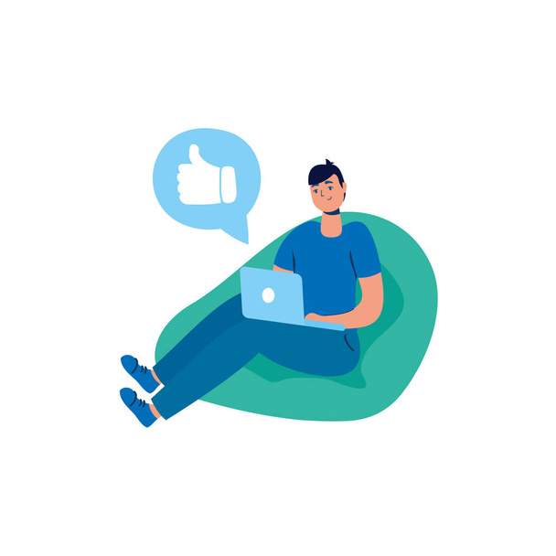 young man using laptop and social media tech seated in sofa - Vector, Image