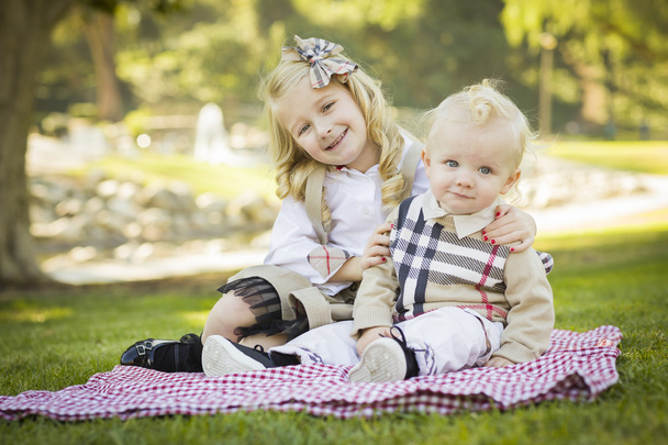 süßes kleines Mädchen umarmt ihren kleinen Bruder im Park - Foto, Bild