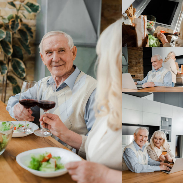 collage with elderly couple cooking, having dinner with wine and salad and using laptop at home on self isolation - Foto, Imagem