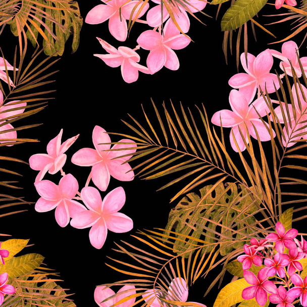 Decorative floral seamless patern with watercolor tropical flowers. Plumeria. Colorful summer nature background. - Φωτογραφία, εικόνα