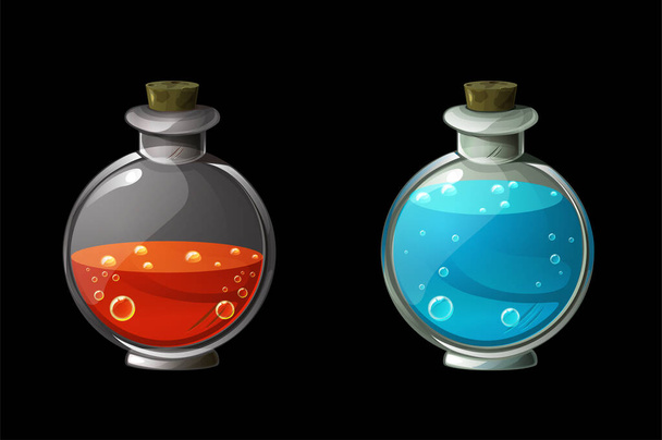 Set of bright magic potions in glass bottles. Poison or elixir in flasks. - Vector, Image