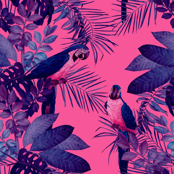 Abstract decorative seamless pattern with watercolor tropical leaves and macaw parrots. Colorful hand drawn illustration. Tropical summer print. - Фото, зображення