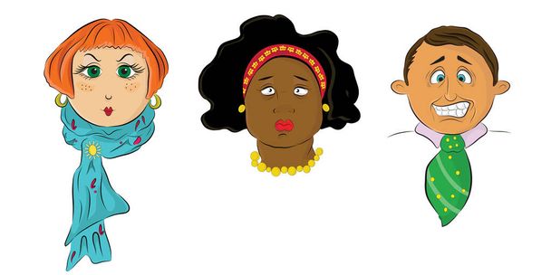 Dibujos animados dibujado a mano ilustraciones de colores de diferentes expresiones faciales, enojado, molesto y tímido
 - Vector, imagen