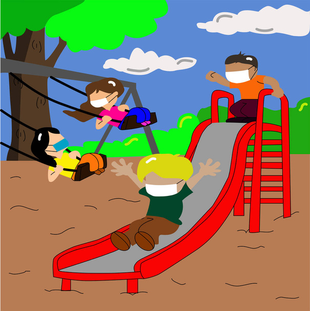 neljä lasta, puistossa, hauskaa ulkona pelejä, liukumäki ja keinu, käyttäen kasvonaamiot ehkäisyyn
 - Vektori, kuva