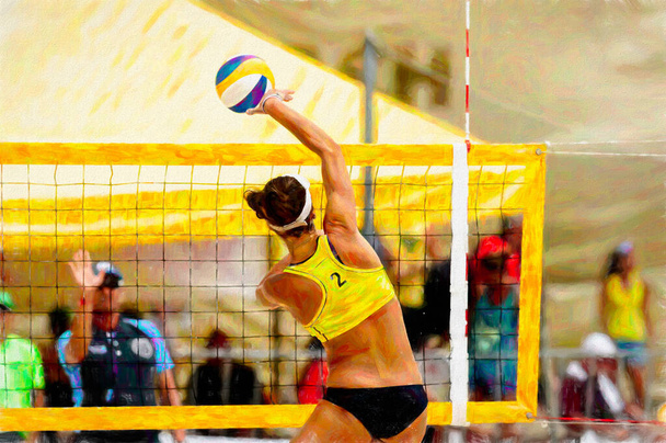 Een vrouwelijke volleybal speler stijgt op het net om de bal naar beneden Spike - Foto, afbeelding