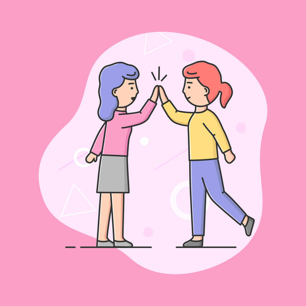 Concept Of Women Friendship, Back To School, Business Communication. Two Women Jump And High-Five Each Other. Friendship And Girls Teamwork. Cartoon Linear Outline Flat Style. Vector Illustration - Vector, Image