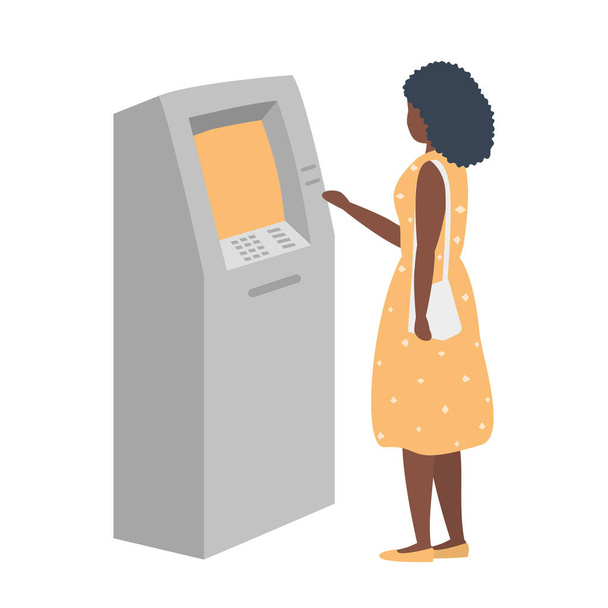 Une femme noire retire de l'argent d'un distributeur. La jeune femme utilise le terminal. Illustration vectorielle en style plat
 - Vecteur, image
