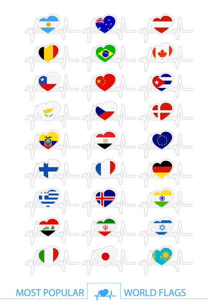 人気の世界旗パックハート型とハートビートラインは白に隔離されています。愛国者のバッジだ。ベクターイラスト. - ベクター画像