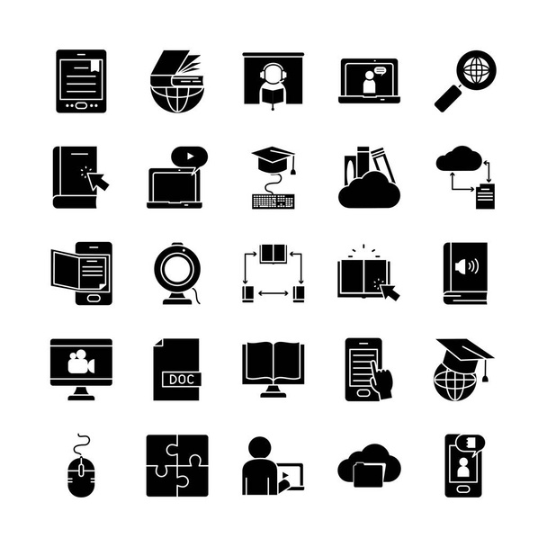 lupa e conjunto de ícones de aprendizagem on-line, estilo silhueta
 - Vetor, Imagem