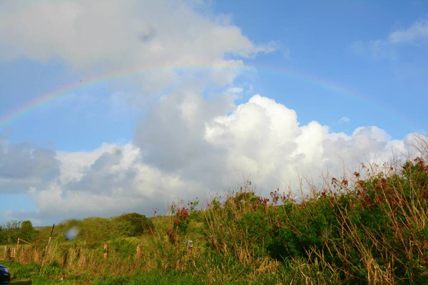 Maisema näyttää sateenkaaren Haleiwa Beachin pohjoisrannalla, Oahun saaren pohjoisrannalla, Havaijilla
. - Valokuva, kuva