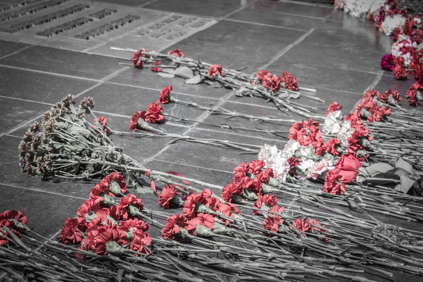 Memoria eterna para los héroes, un minuto de silencio. Flores de escarlata en el monumento a los soldados muertos. Tono silenciado, vigor. - Foto, Imagen