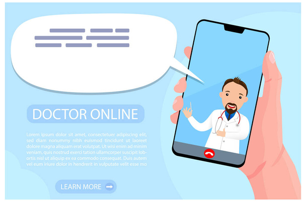 スマートフォンを介してオンライン医師の相談。人間の手は医者へのビデオ通話で電話をかけている。人療法士はオンラインで助言を与える。医療アプリとウェブのための概念。平面ベクトル図 - ベクター画像
