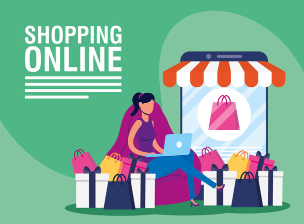 femme utilisant shopping technologie en ligne dans smartphone et ordinateur portable
 - Vecteur, image