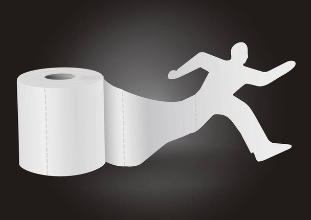 Toilettenpapier mit laufendem Mann auf schwarzem Hintergrund. Illustration eines laufenden männlichen Papiersilhouette Abwicklung Toilettenpapier. Konzept für Darmbeschwerden Durchfall. Vektor verfügbar. - Vektor, Bild