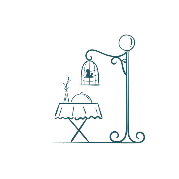 Uma mesa de jantar de café com uma ilustração de gaiola de pássaro
. - Vetor, Imagem