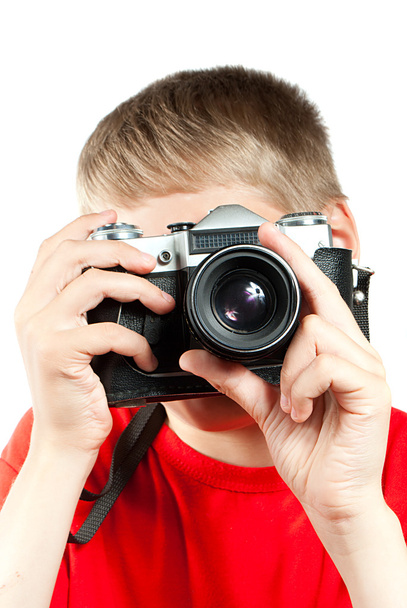 Professional photographer isolated on white. Portrait of young t - Photo, Image