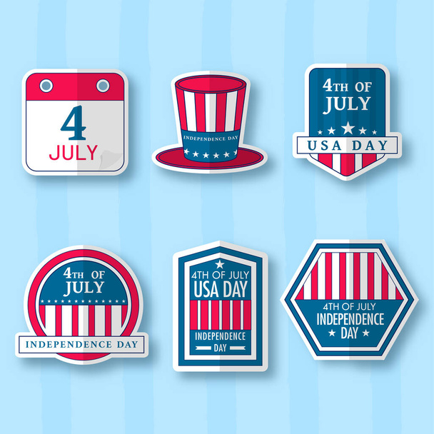 Calendario del 4 de julio, Tío Sam sombrero, insignia, etiqueta o etiqueta engomada colección sobre fondo rayado azul
. - Vector, Imagen