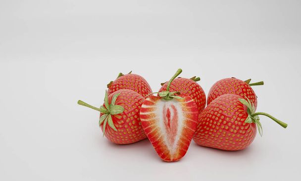 Strawberry full red and split, isolated on white background and wallpaper. 3D rendering - Photo, Image