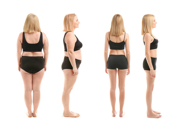 Mujer antes y después de la pérdida de peso sobre fondo blanco
 - Foto, Imagen