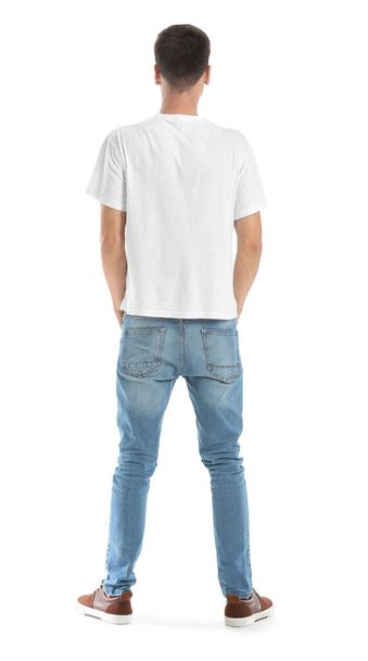 Man in stylish t-shirt on white background - Foto, imagen