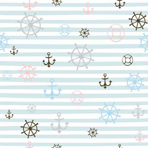 Seamless pattern on a marine theme. Striped background with I anchors and steering wheels. Vector. - Vector, imagen