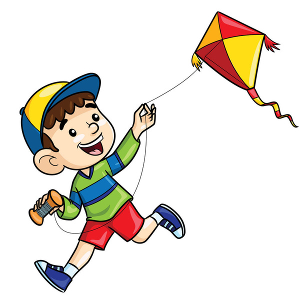 Ilustracja kreskówka słodkie chłopiec gra latawiec. - Wektor, obraz