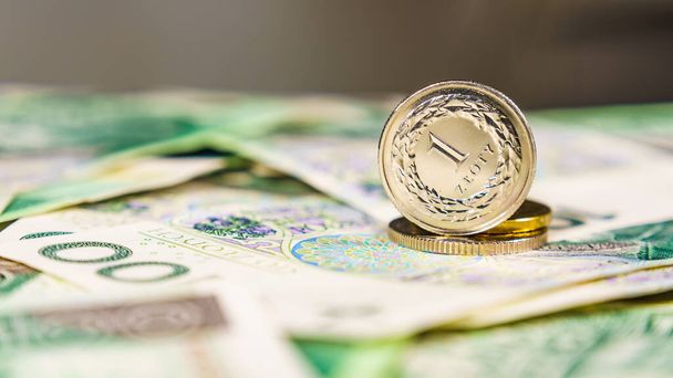 Poolse munt. Sluiten van polijsten veel bankbiljetten en een zloty munt. Financiële economie. - Foto, afbeelding