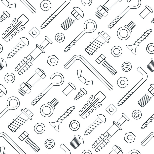 Seamless pattern of fasteners. Bolts, screws, nuts, dowels and rivets in doodle style. Hand drawn building material. - Vector, Image