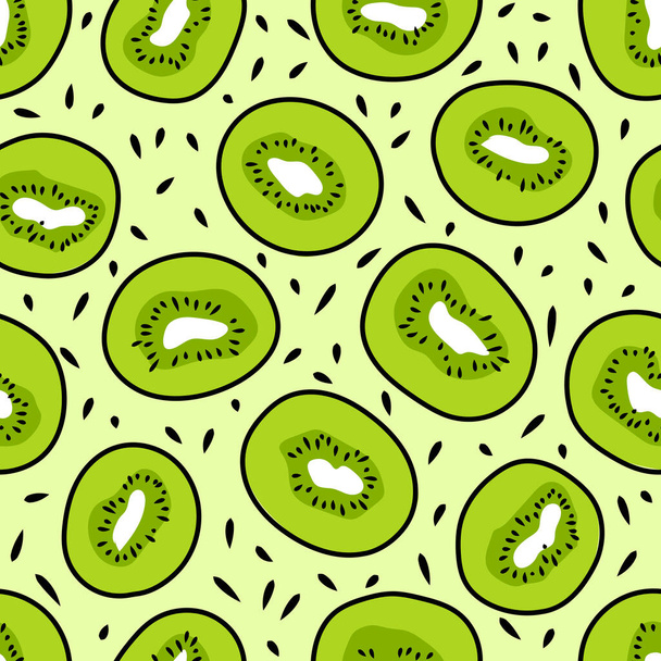 Seamless pattern with kiwi on green background. Hand drawn vector illustration. Trendy texture for print, textile, packaging, banner, wallpaper - Vector, imagen