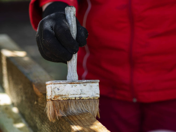 Woman hand with a brush covers wood with an antiseptic to protect against rot and fire - Фото, зображення