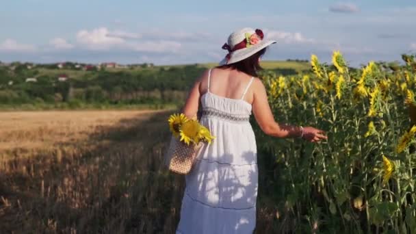 Une femme avec un chapeau et une robe blanche marche sur un champ avec des tournesols - Séquence, vidéo
