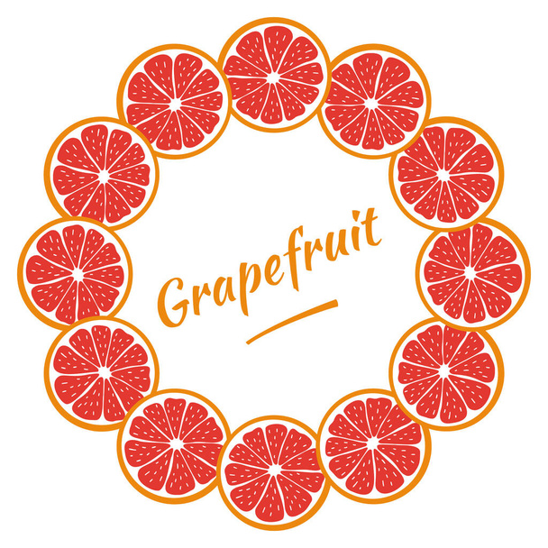Round frame with sliced pieces of grapefruit. Bright wreath of citrus fruits. Decoration for text. Stock vector illustration. Ideas for modern designs of banners, cards, menus, print, packaging. - Vector, Image