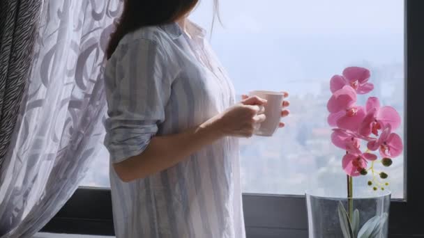 Millenial brunette woman holding a cup of tea or coffee and looking in the window, she enjoying a beautiful view from home and dreaming about walking outdoor. - Video, Çekim
