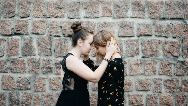 Pride Month, LGBT History Month, LGBT Lesbian couple love moments concept. Two Young lesbians girls hugging outdoors. - Foto, Imagen