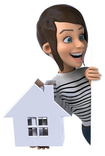 Fun 3D cartoon casual character woman with house - 写真・画像