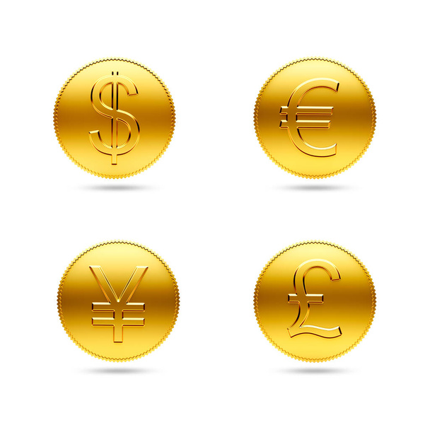 Dollaro, euro, yen giapponesi e monete d'oro sterlina con ombra su sfondo bianco
 - Foto, immagini