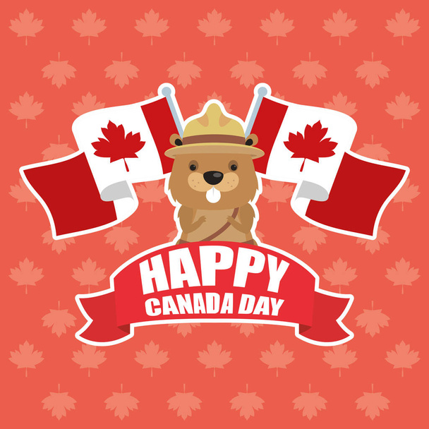 happy canada day with beaver and flag - Vector, Image