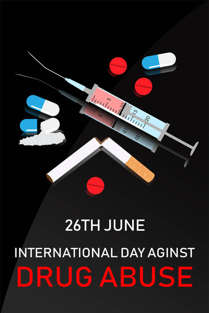 Σπασμένη σύριγγα και κατεστραμμένη χρήση ναρκωτικών με την ημέρα και το όνομα της εκστρατείας "Διεθνής ημέρα κατά της χρήσης ναρκωτικών" σε μαύρο γυάλινο φόντο. Όλα σε διανυσματικό σχεδιασμό. - Διάνυσμα, εικόνα