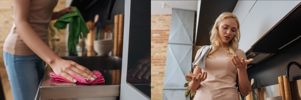 κολάζ δυσαρεστημένη νοικοκυρά κοιτάζοντας τα χέρια της και σκούπισμα έπιπλα κουζίνας με κουρέλι, πανοραμική λήψη - Φωτογραφία, εικόνα