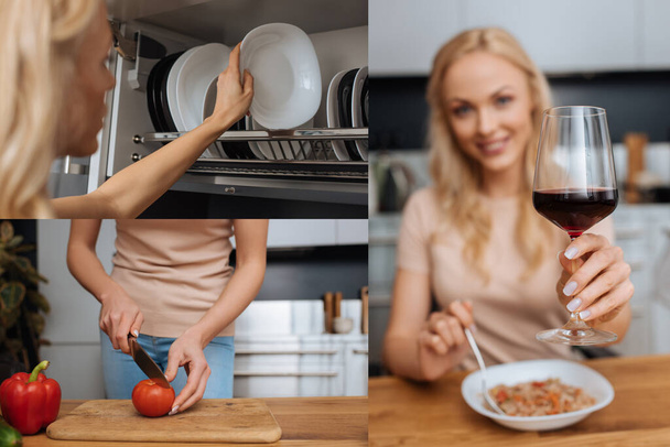 collage of young housewife cutting fresh tomato, placing clean plate on rack and sitting at table with thai noodles and glass of wine - Foto, imagen